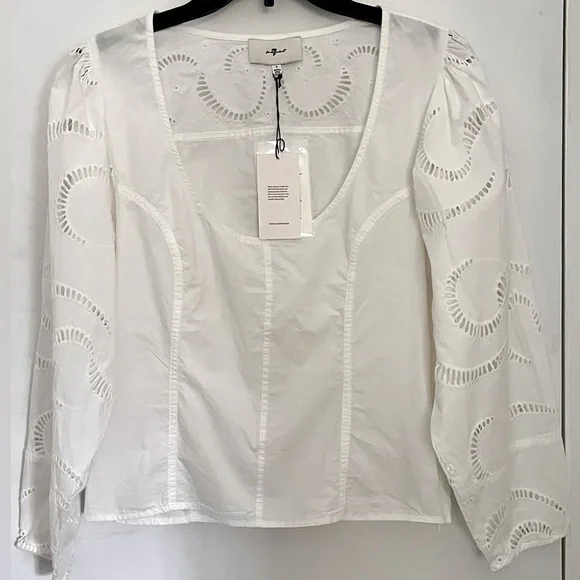NWT 7 For All Mankind Women Cotton Balloon Sleeves Eyelet Top White Size S - Picture 15 of 15